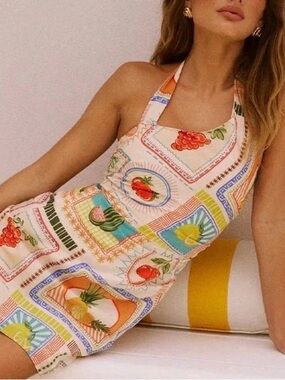 Seven Wonders Colorful Fruit Print Asymmetric Halter Fitted Agata Mini Dress xs